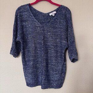 H Halston Silver Blue Sparkly Sequin Pull On V Neck Knit Sweater Size Medium